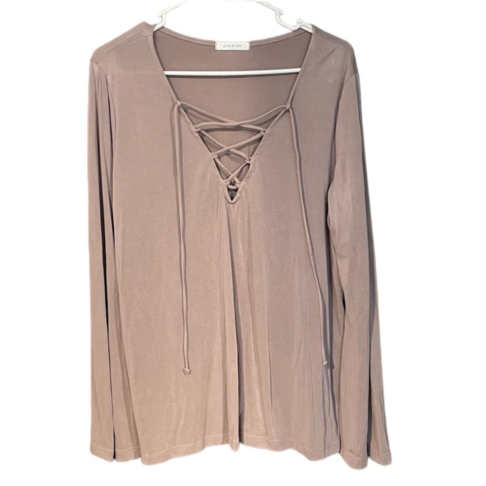 Mauve Bat Wing Criss Cross V Neck Long Sleeve Shirt Blouse